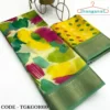Indian Soft Silk Multicolor Liquid Emulsion Pattern Saree| Green Jacquard Border| Yellow Pattern Blouse