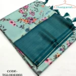 Luxurious Kubera Silk Sari | Floral Prints and Gold Jari Border | Teal Blue