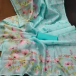 Organza Silk Saree | Floral Print & Embroidered Butti | Blue
