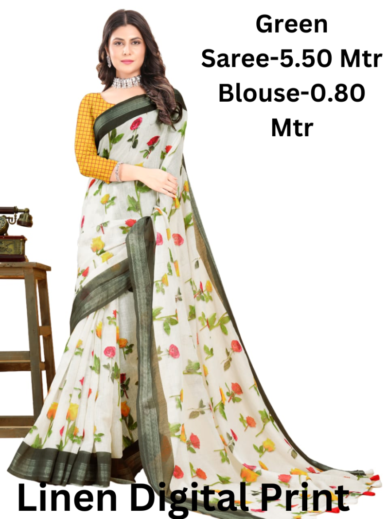 A Green colored Linen Digital Saree with digital prints. The saree length is 5.5 meters and the blouse piece length is 0.8 meters.