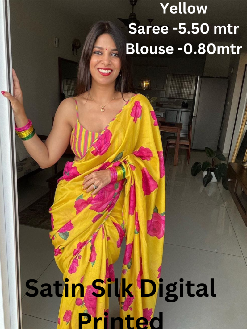 A yellow satin silk saree with a vibrant floral digital print.