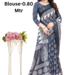 A Indigo colored Linen Digital Saree with digital prints. The saree length is 5.5 meters and the blouse piece length is 0.8 meters.
