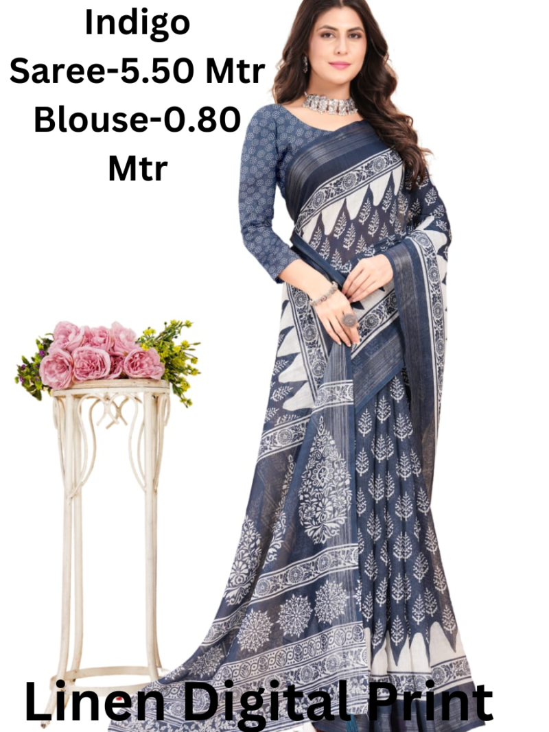 A Indigo colored Linen Digital Saree with digital prints. The saree length is 5.5 meters and the blouse piece length is 0.8 meters.