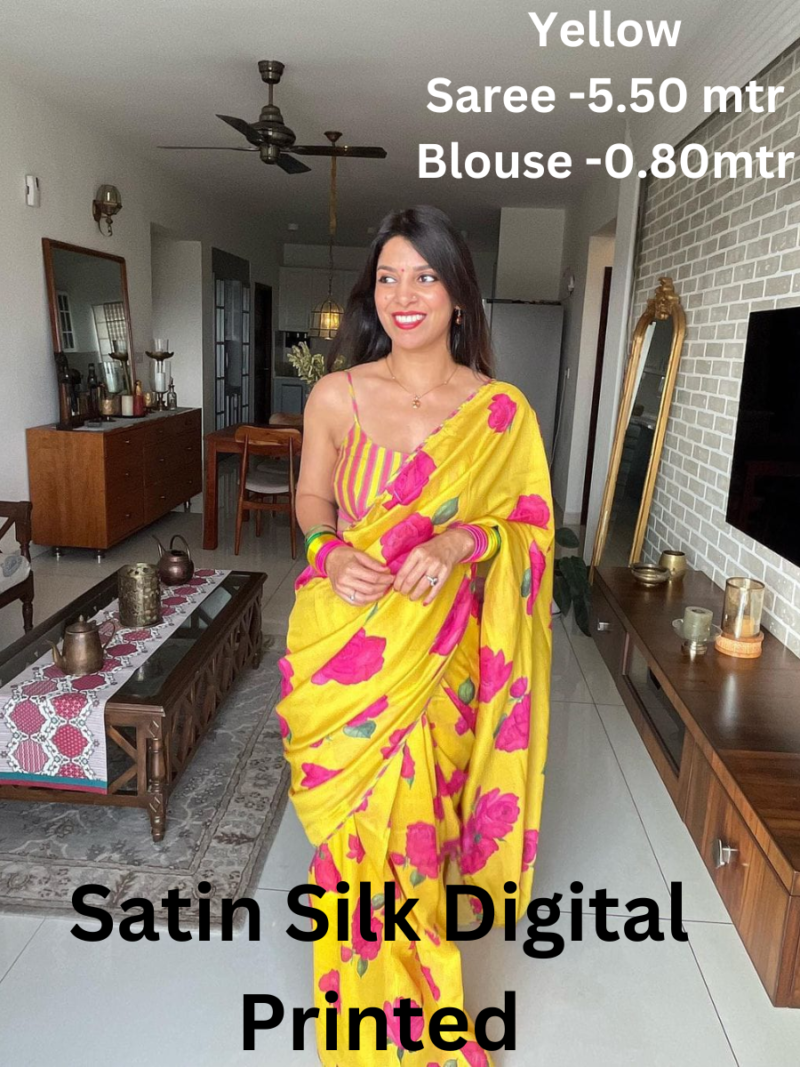 A yellow satin silk saree with a vibrant floral digital print.