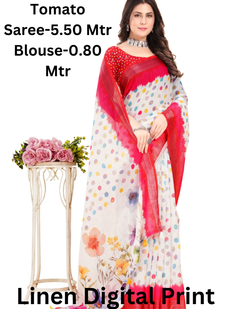 A tomato red colored Linen Digital Saree with digital prints. The saree length is 5.5 meters and the blouse piece length is 0.8 meters.