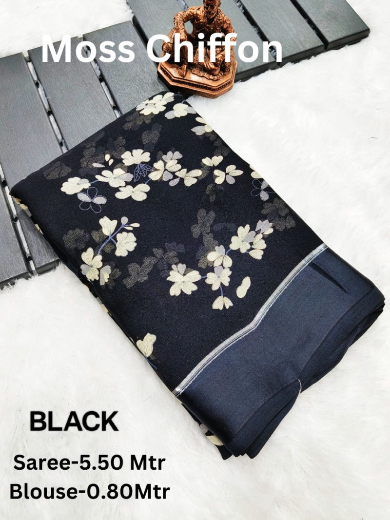 A beautiful floral print saree made from Moss Chiffon spread out gracefully.